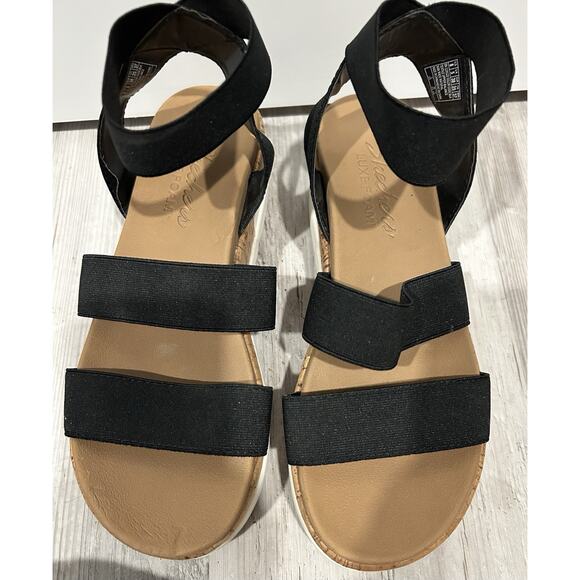 Skechers Luxe Foam Sandals Size 8 Boho Cork Wedge Heel Black Stretchy Straps - Picture 1 of 9